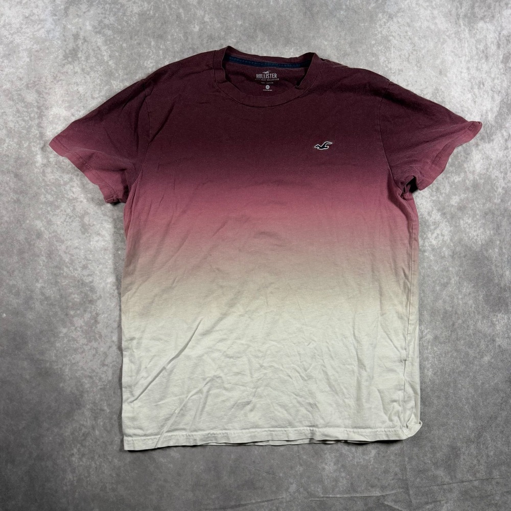 Hollister Mens Ombre Dip Dye T-Shirt Burgundy Cream Cotton Logo Medium Casual